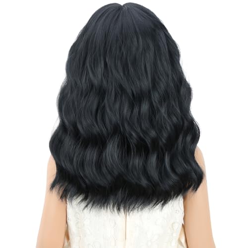 Image of Black Wig Short Black Wavy Curly Bob Wig Black Wig with Bangs Synthetic Wigs for Halloween Party
