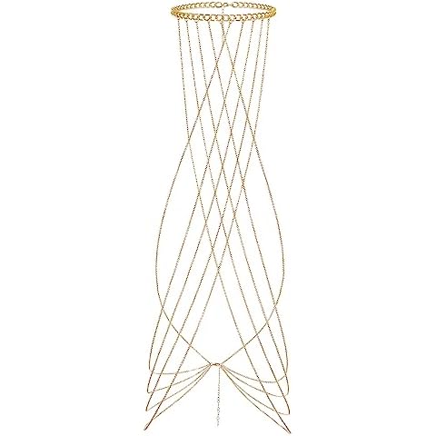 Ofeiyaa Harness Body Chain Sexy Layered Tassel Belly Waist Chain Necklace Boho Hot Bikini Nightclub Party Beach Body Jewelry for Women and Ladies Gold Tone Cover