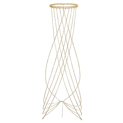 Ofeiyaa Harness Body Chain Sexy Layered Tassel Belly Waist Chain Necklace Boho Hot Bikini Nightclub Party Beach Body Jewelry for Women and Ladies Gold Tone