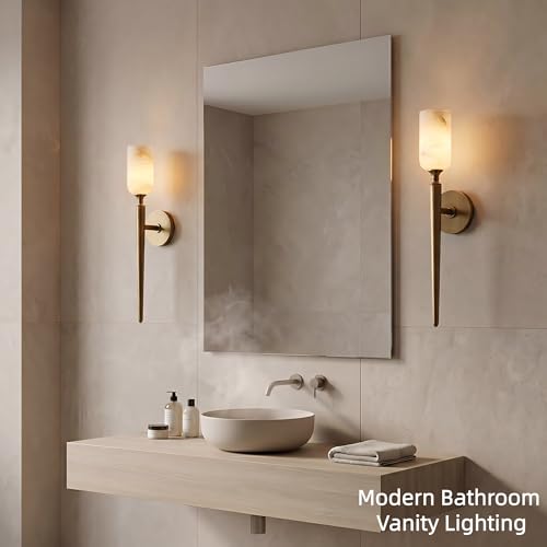 Image of Alabaster Wall Sconces Set of Two, 22in Modern Spanish Natural Marble Bathroom Vanity Sconces, Brass Alabaster Sconce Wall Lighting, Gold Wall Light Fixtures Decor for Bedroom Living Room Staircases