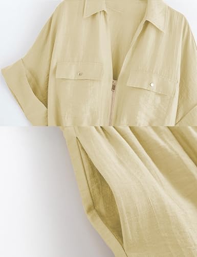 Mingzhu Women's 2 Piece Linen Outfits Short Sleeve Zipper Drawstring Waist Shirts Elastic Waist Wide Leg Pants With Pockets3