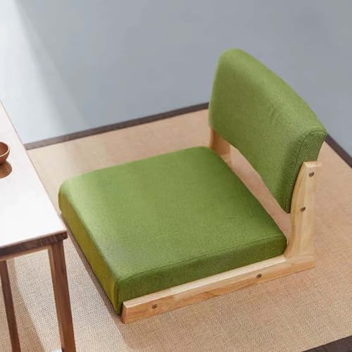 mwpqbd Tatami 0212 - Silla japonesa de madera maciza con ventana, sin patas, respaldo (tela de cáñamo de algodón, color verde hierba + silla de madera