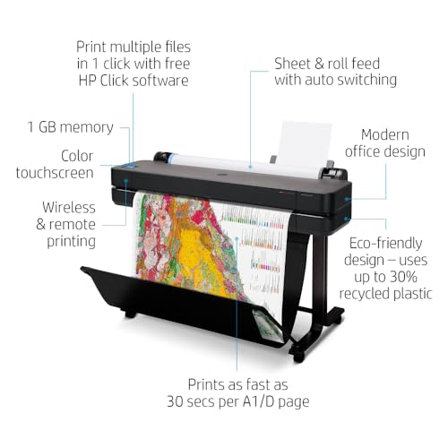 hp designjet t630 large format 36-inch plotter printer with auto sheet feeder media bin amp stand 5hb11d - new model