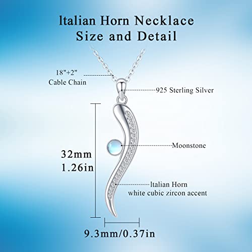 Brisskaari Lucky Italian Horn Necklace For Women Girls 925 Sterling Silver Moonstone Italian Horn Protective Amulet Pendant Necklace, Chain 18"+2" #TOP4