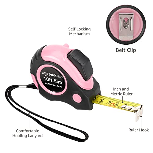 amazon basics retractable tape measure with push button easy to use 16 feet pink