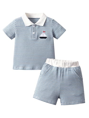 Image of Occablit 2Pcs Baby Boy Summer Clothes Set Striped Pattern Short Sleeve Elastic Waist Shorts 12-18 Months