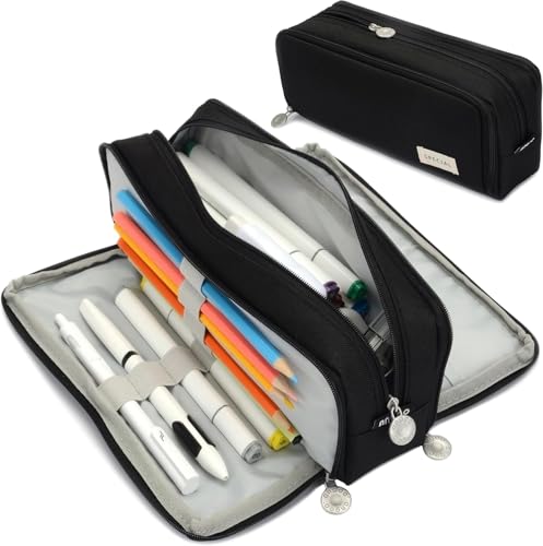Image of Canvas Metal Large Capacity Pencil Case with 3 Compartments, Metal Zipper Pen & Pencil Pouch for School, College, Office, Boys & Girls, Travel Stationery Bag Organizer (Black)