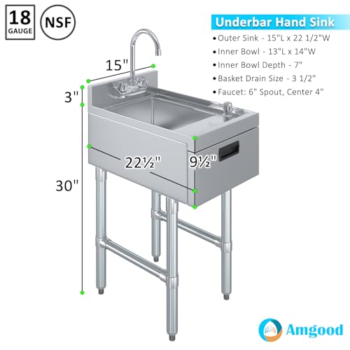 Image of 22.5 in. x 15 in. Stainless Steel Underbar Hand Sink with Soap and Towel Dispensers, 14 in. x 10 in. Bowl, Faucet, and Drain Basket