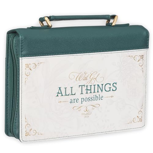 Christian Art Gifts Fashion Teal Bible Cover for Women: All Things are Possible - Mat. 19:26 Inspirational Scripture, Vegan Leather Book Carry Case w/Sleeves, Gold Zip, Pocket & Pen Storage, Large