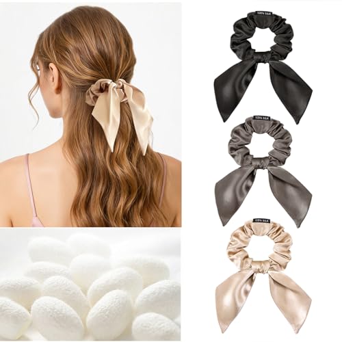 Image of THXSILK 100% Mulberry Silk Bow Scrunchies 3-Pack, 22 Momme Elegant Hair Ties for Women, No Damage Ponytail Holders for All Hair Types, Chic Fashion Hair Accessories(Black, Charcoal, Beige)