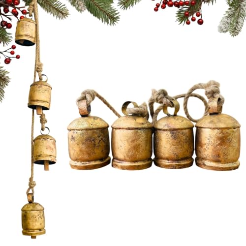 Mie Creation Set of 4 Rustic Vintage Cow Bells Cluster on Jute Rope Christmas Tree Decorations Handmade Metal Harmony Cowbells Shabby Chic Wall Hanging Holidays Wreath decor Antique Gold 34 inch