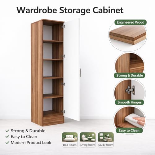 Image of Spyder Craft Fraser Single Door Engineering Wood Wardrobe for Clothes, Stylish Cupboard for Bedroom, Multi Utility Design with Multirack Storage Color - Wood Brown