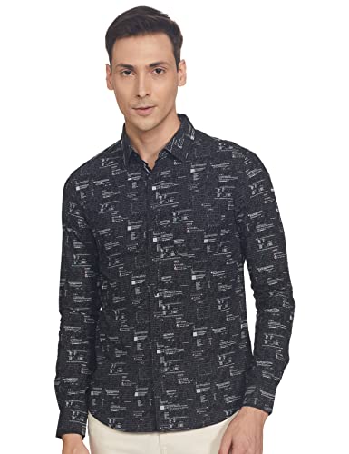 Image of Spykar Men Printed Full Sleeve Slim Fit Shirt Black