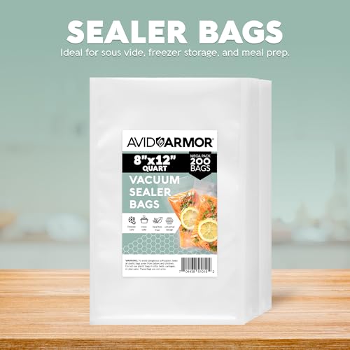 Avid Armor Vacuum Sealer Bags 200 Quart 8x12" For Food Saver, Commercial Grade, BPA Free, Heavy Duty, Pre-cut, for Vac Storage, Meal Prep, Sous Vide, or Dehydrated Freeze Dried Foods