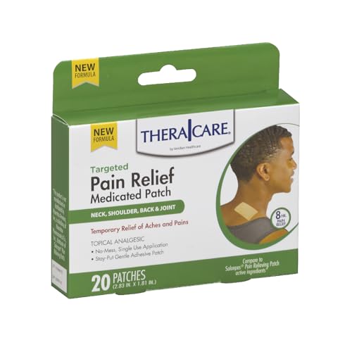 TheraCare Targeted Pain Relief Medicated Patch | Neck, Shoulder, Small Areas | 20-Count | 2.83” x 1.81” | Topical Analgesic | Camphor, Menthol, Methyl Salicylate | Gentle Adhesive