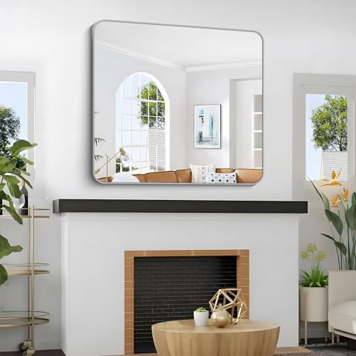 Image of 36x40 Inch Silver Bathroom Mirror, Metal Framed Silver Rectangle Mirrors, Rounded Rectangular Vanity Mirror, Wall Mounted Mirrors for Living Room Bedroom Entryway Hangs Horizontal or Vertical