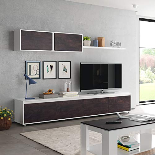 Habitdesign, Moderne Wohnwand mit TV-Schrank in Artik weiß und Rost, Wohnzimmermöbel mit Stauraum, Maße: 200 x 43 x 41 cm (B x H x T), Modell Alida