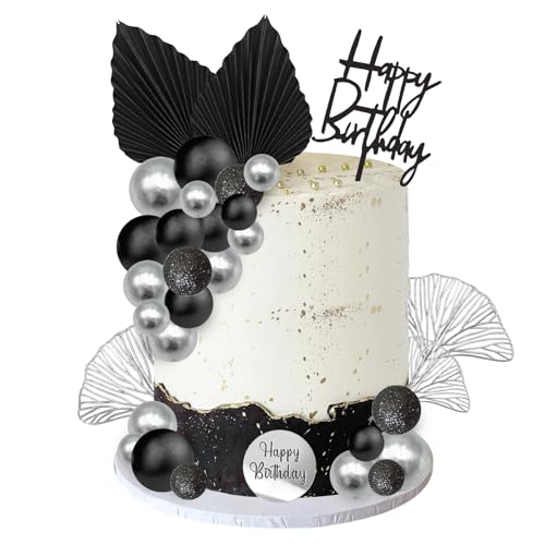 Decoracion Tarta Bolas 30 Piezas Topper para Tarta Cumpleaños Bolas Plata y Negro Decoracion para Pastel Happy Birthday Decoracion Tarta Negro para Fiestas de Cumpleaños, Bodas, Aniversario
