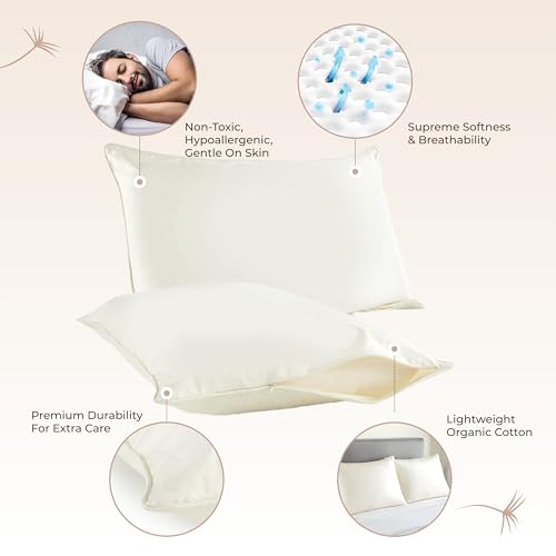 Image of Organic Cotton Pillow Protector King Size - 100% Cotton GOTS Certified Pillow Case Protector with Zipper - Hypoallergenic Machine Washable Edge Piping & Breathable Cover - 2 Pack (Ivory, King)