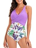 Century Star Badeanzug Damen Bauchweg Badeanzug Damen Große Größe Badeanzug mit Bügel Badeanzüge für Damen Bauchweg Badeanzug Damen Sport Lila Druck 44-46(Tag Size 3XL)