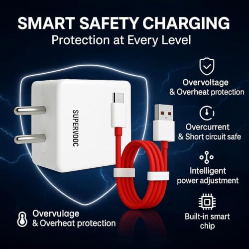 Image of ZYBUX 80W Fast Charging Adapter with Type-C to USB-A Cable | Compatible with OnePlus, Realme, Oppo, Vivo, Samsung, Xiaomi, Redmi, Tecno & Lava | Supports Dart, Dash, Warp, VOOC & SuperVOOC Charging