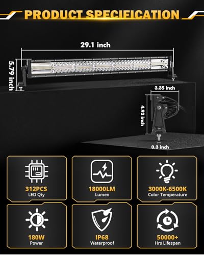 Image of Auxbeam 30 Inch 180W LED Light Bar, 6 Modes Spot Flood Combo Offroad Lighting Amber White Strobe Fog Light, Memory Reset Function Waterproof Driving Work Light with Wiring Harness Kit