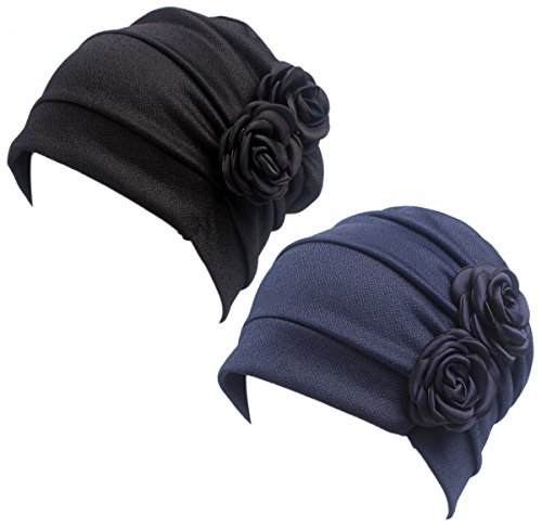 HONENNA Ruffle Chemo Turban Headband Scarf Beanie Cap Hat for Cancer Patient (Black+Navy Blue)