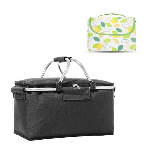 SHENGYIG Cesta de Picnic Plegable 22.5L con Aislamiento Térmico | Mango de Aluminio Extensible y Portátil | Incluye Mantel de Picnic 2x2m | Ideal para Compras, Viajes, Trabajo o Excursiones
