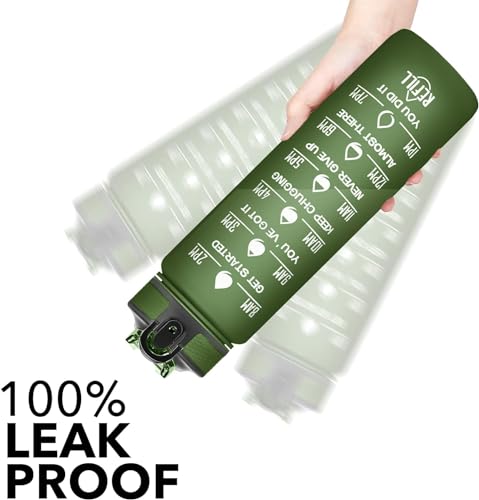 Image of TEKCOOL Motivational 1L Capacity Green Plastic Bottle with Straw | Leakproof, Durable, BPA-Free | Ideal for School /College /Office /Travel, Sports /Outdoor Activities'
