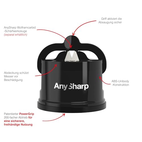 Foto von AnySharp Messerschärfer | Freihändige Sicherheit, PowerGrip Saugnapf | Sicheres Schärfen aller Küchenmesser | Ideal für gehärteten Stahl & Wellenschliff | Weltbeste Qualität | Kompakt | Schwarz