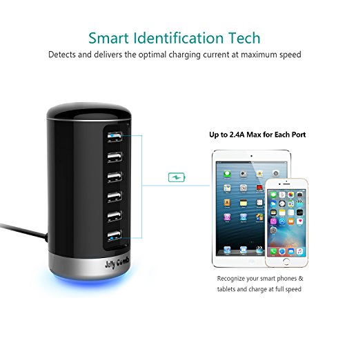 USB Charger, Jelly Comb Universal 6 Ports Desktop USB Charging Station with Smart Identification Technology for iPhone, iPad, Android and Virtually All Other USB Enabled Devices, Black