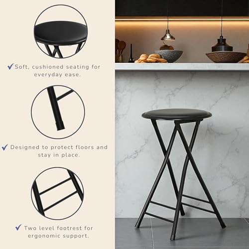 Image of Lavish Home Folding Stool with Padded Backless Seat Set of 4, Black, 24 inch | Counter Height Bar Stools with 225lb Capacity, Portable Indoor & Outdoor, Extra Seat for Kitchen, Rec Room or Camping