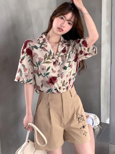 Image of Leriya Fashion Women's Floral Print Summer Shirt| Short Sleeve Button Down Casual Blouse| Lightweight Beach Vacation Top for Women