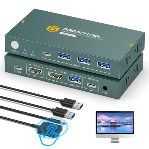 Image of Greathek HDMI USB C KVM Switch for 2 Computers, USB3.0 4K@60HZ Monitor Switch for PC /Laptop Sharing Keyboard& Mouse,with 4 USB Ports,EDID Supported