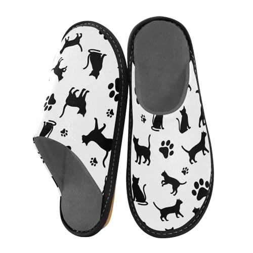 ODAWA Black Cat Paw Prints White Memory Foam House Shoe Slippers for Elderly Women, Slip On House Shoes for Women Size 4-5