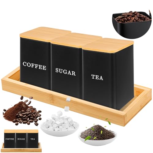 Dinhauyon Juego de azúcar de té de café, 1000ml 3 latas de azúcar de café de té, juego de latas de almacenamiento con tapa de bambú sellada y bandeja
