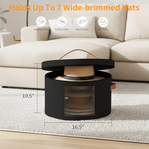 Samplife Hat Box,Hat Storage Box,Stackable Round Brim Hats Organizer Bag Container for Closet,Travel Hat Boxes for Women, Cowboy Hat Organizer, FoldableTravel Cap Boxes (02-Black, 16.5\" D x 10.5\" H)