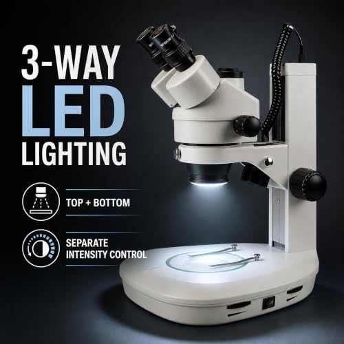 Image of VS-2FZ Trinocular Zoom Stereo Microscope, 0.7X-4.5X Zoom Range, 3.5X-90x Magnification Range, 0.5X & 2X Auxiliary Lens, Dual LED Illumination, Track Stand