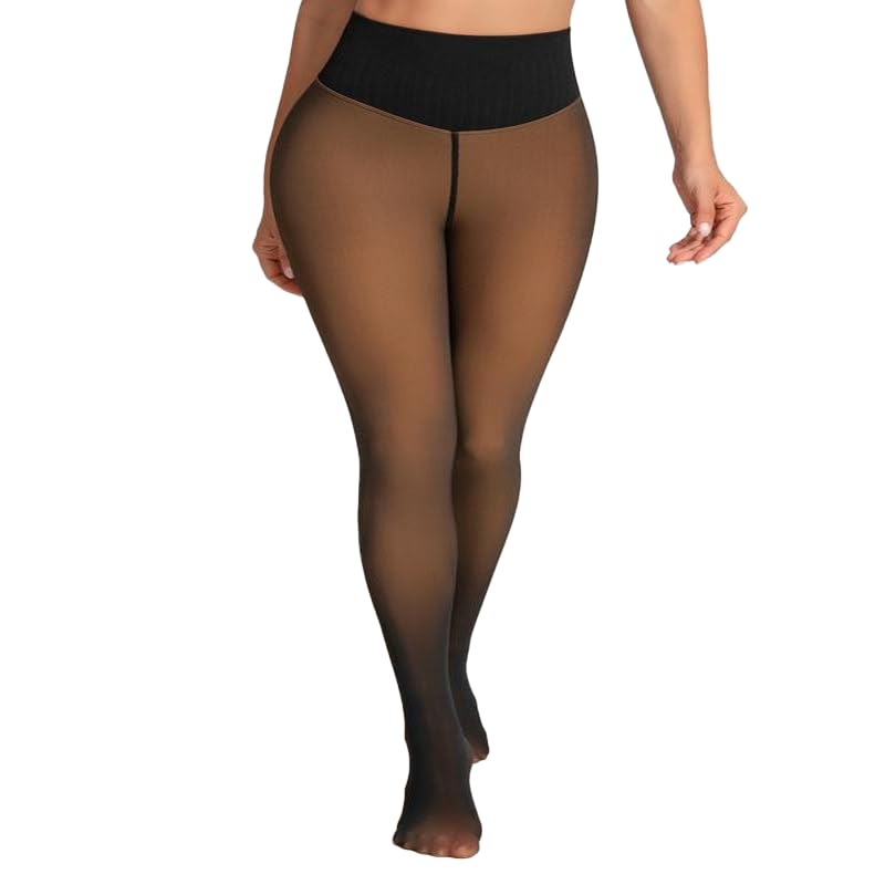 Image of Fleece Lined Tights for Women, Warm Pantyhose High V-Waist Fake Translucent Thermal Thick Tights For Winter