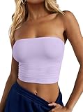 CSDAJIO Women's Casual Ruched Side Strapless Crop Tube Top Ribbed Knit Bandeau Top Summer Skinny Shirt Rib Purple Medium