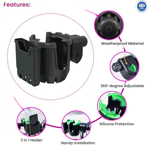 Image of Safe-O-Kid Stroller Cup Holder with Phone Organizer /Holder, Universal Cup Holder for Bottle with Handle, 360 Degrees Rotation Bottle Holder for Stroller, Pushchair, Wheelchair, Walker -Black