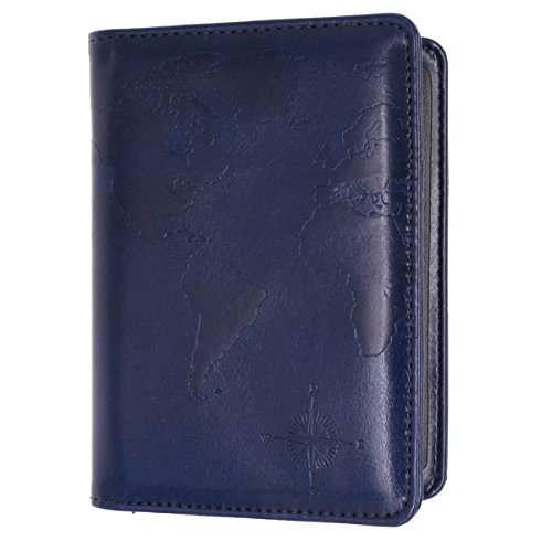 kandouren RFID Blocking Passport Holder Cover Case,Travel Luggage Passport Wallet Made with Blue Map Crazy Horse PU Leather for Men & Women