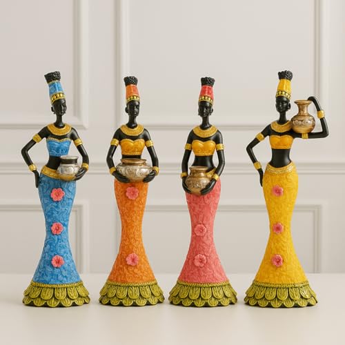 Image of Xtore Vibrant African Women Figurines | Resin Home Decor Accents | Set of 4 Colorful Cultural Statues | Unique Art Pieces for Living Room, Office, or Gift | Traditional and Modern Design