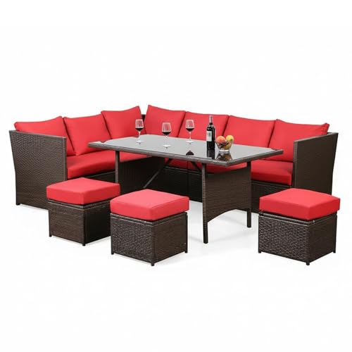 Image of DEVOKO 6 Pieces Patio Furniture, Outdoor Dinning Set HDPE Wicker Conversation Sofa Outside Couch with Table (Dark Brown and Red)