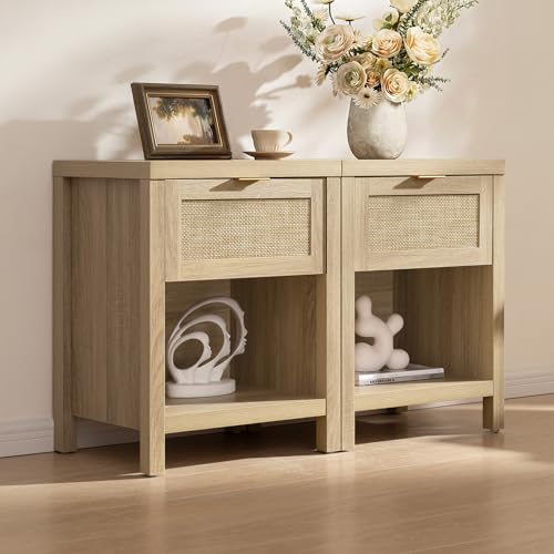 Image of SICOTAS Nightstands Set of 2 Rattan Night Stand with Drawer 19.7 inch Wide