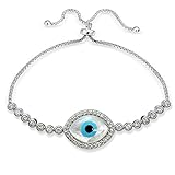 Hoops & Loops Sterling Silver Cubic Zirconia Evil Eye Adjustable Pull String Bracelet
