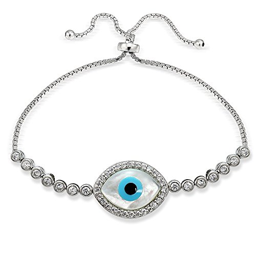 Hoops & Loops Sterling Silver Cubic Zirconia Evil Eye Adjustable Pull String Bracelet