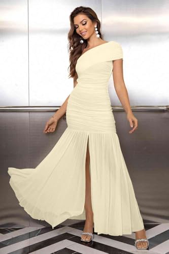 Image of LAGSHIAN Women's Elegant Formal Long Dress One Shoulder Sleeveless Ruched Bodycon Evening Dress