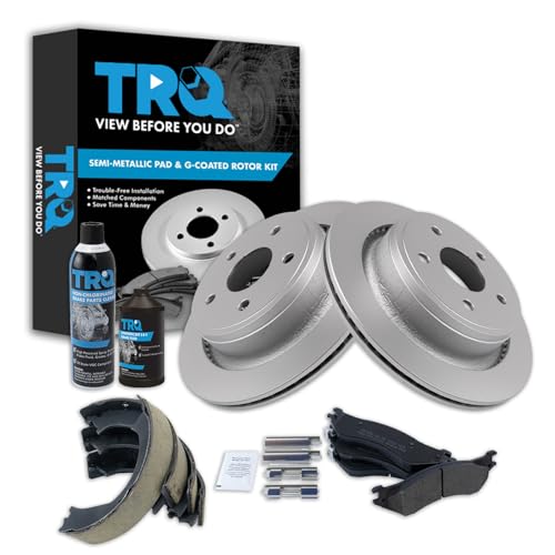 Image of TRQ Rear Brake Pad & Rotor Kit, with Chemical Kit Parking Brake Shoe Set Semi-Metallic Compatible with 2004-2006 Dodge Ram 1500
