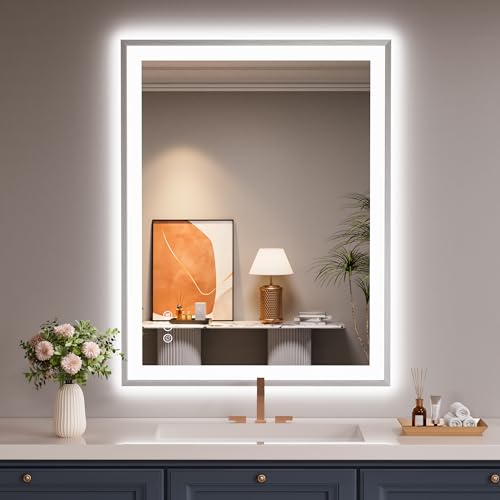 ISTRIPMF Silver LED Mirror for Bathroom, 28x36 Brushed Nickel Lighted Mirror with Front Light and...